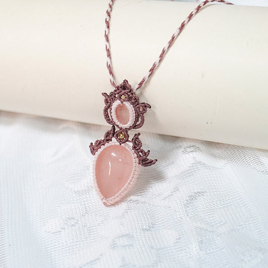 Rose Quartz Crystal Pendant Copper Wrapped Jewelry Handmade Woven Choker Adjustable Necklace for Women Anniversary Birthday Gifts for Mom Wife Girlfriend Gifts